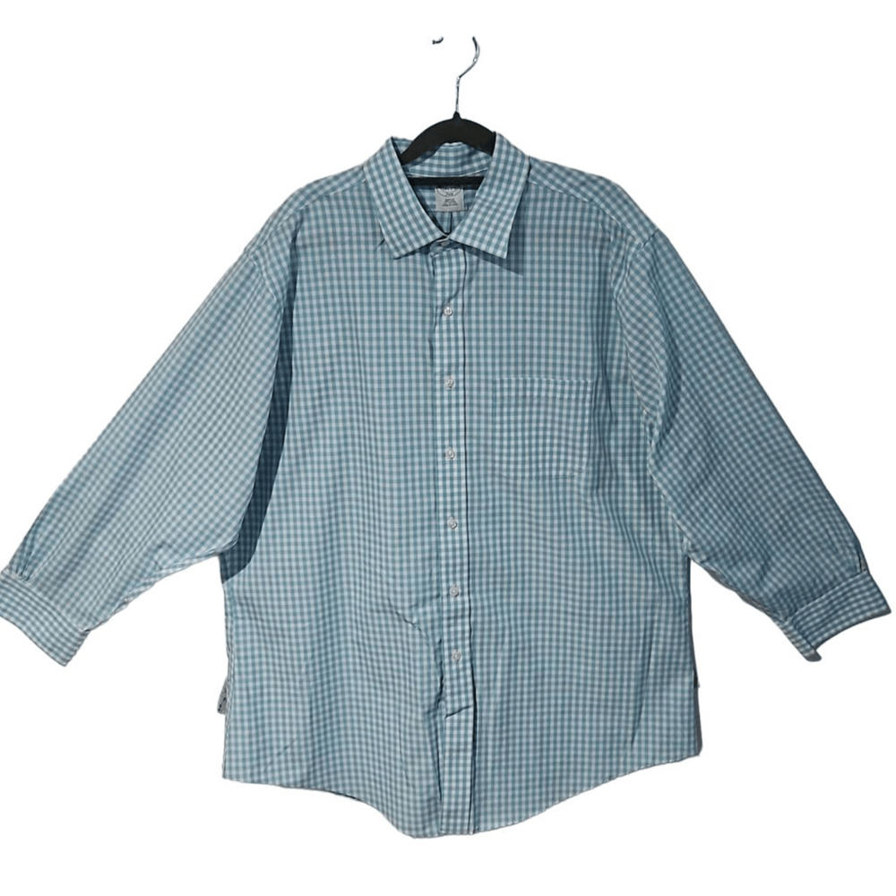 Brooks Brothers Men's Aqua White Plaid Non Iron Cotton Shirt Front Pocket 17.5